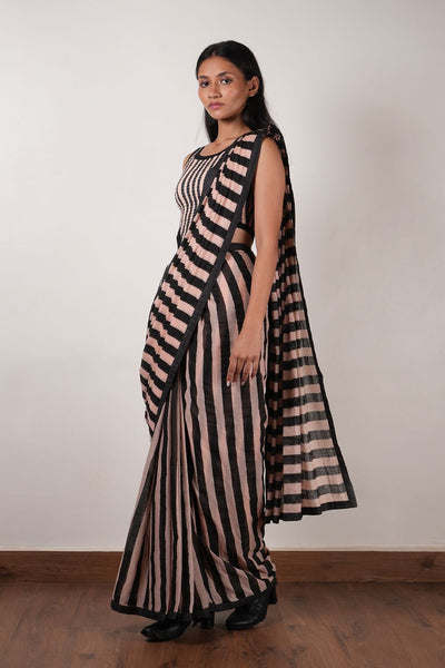Pink with Charcoal Block Printed Saree