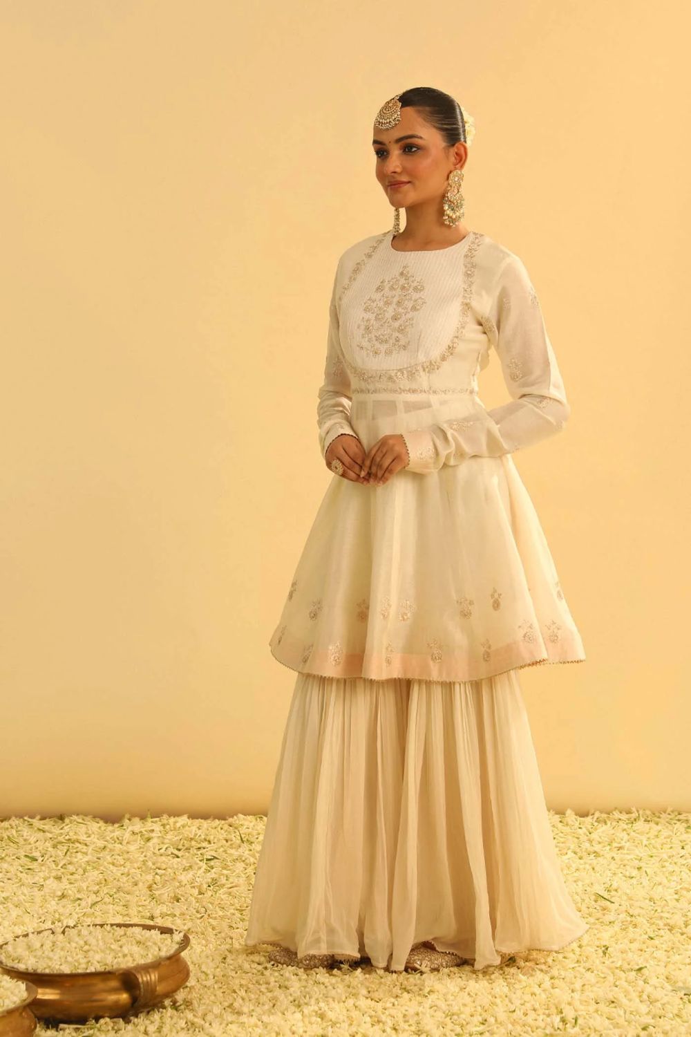 Shahana Peplum kurta with garara and dupatta-Daisy ivory