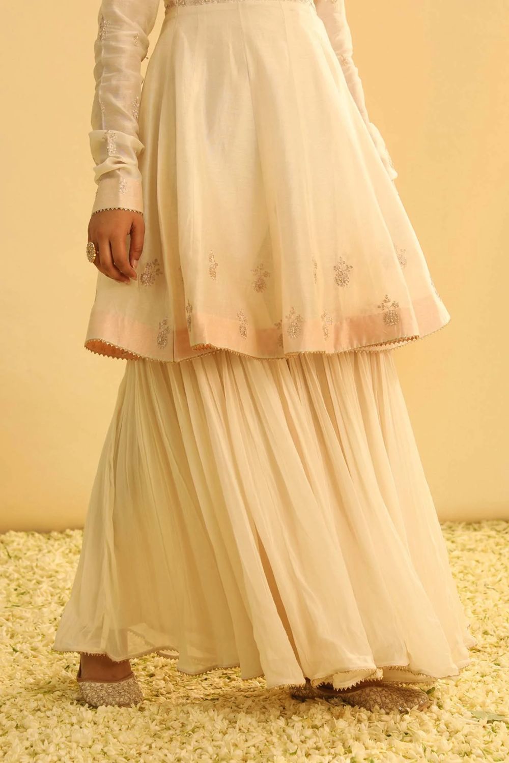 Shahana Peplum kurta with garara and dupatta-Daisy ivory