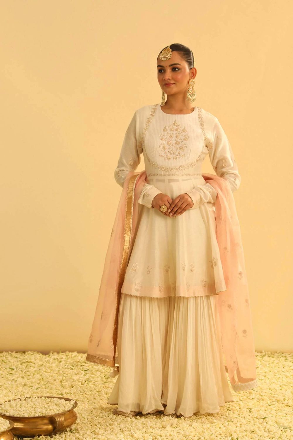 Shahana Peplum kurta with garara and dupatta-Daisy ivory