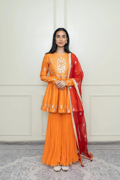 Shahana Peplum kurta with garara and dupatta-Pumpkin orange & scarlet red