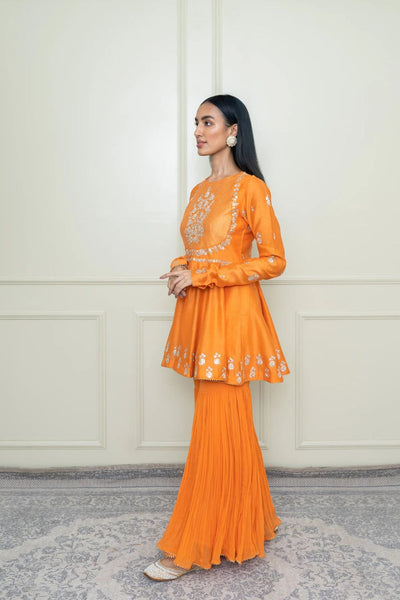 Shahana Peplum kurta with garara and dupatta-Pumpkin orange & scarlet red