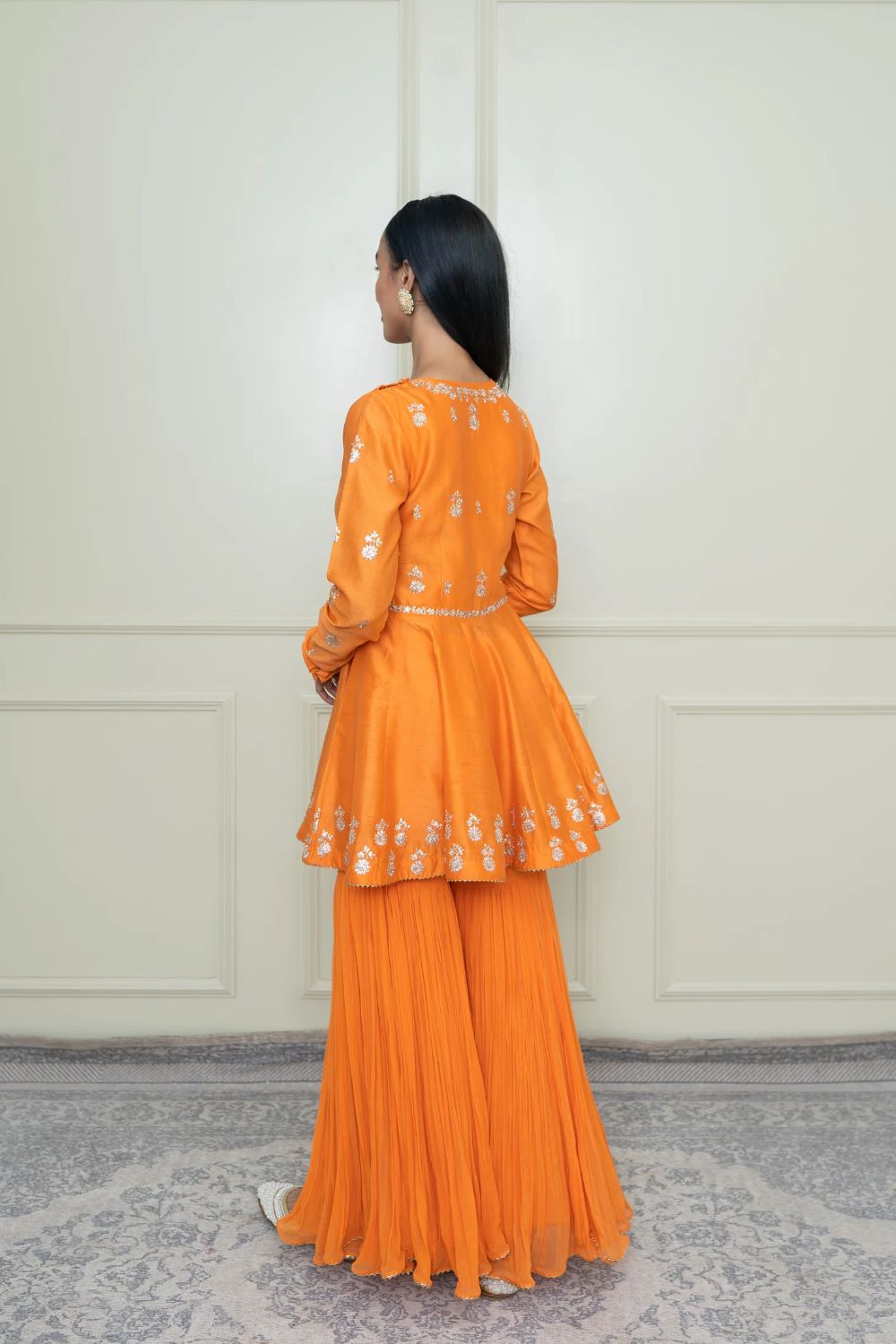 Shahana Peplum kurta with garara and dupatta-Pumpkin orange & scarlet red