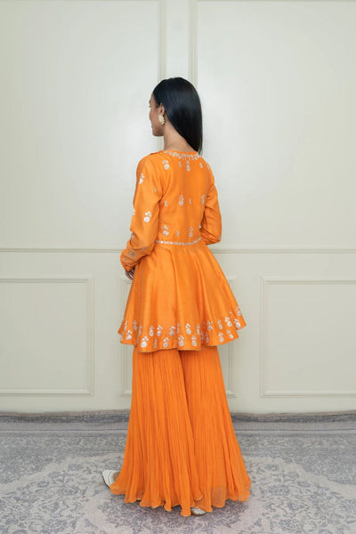 Shahana Peplum kurta with garara and dupatta-Pumpkin orange & scarlet red