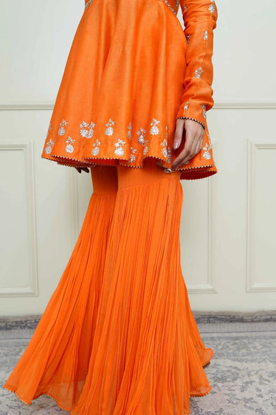 Shahana Peplum kurta with garara and dupatta-Pumpkin orange & scarlet red
