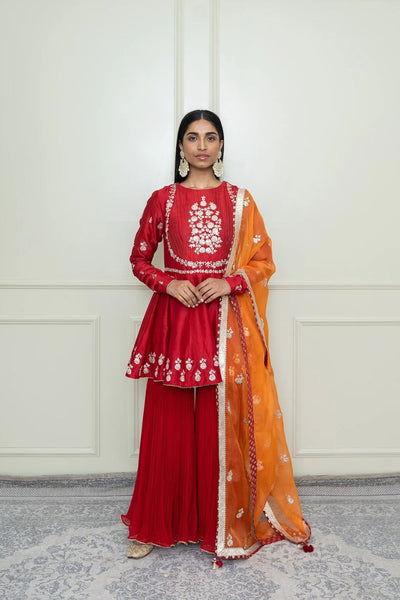 Shahana Peplum kurta with garara and dupatta-Scarlet red & pumpkin orange