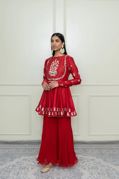 Shahana Peplum kurta with garara and dupatta-Scarlet red & pumpkin orange