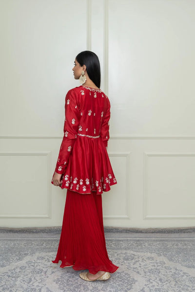 Shahana Peplum kurta with garara and dupatta-Scarlet red & pumpkin orange