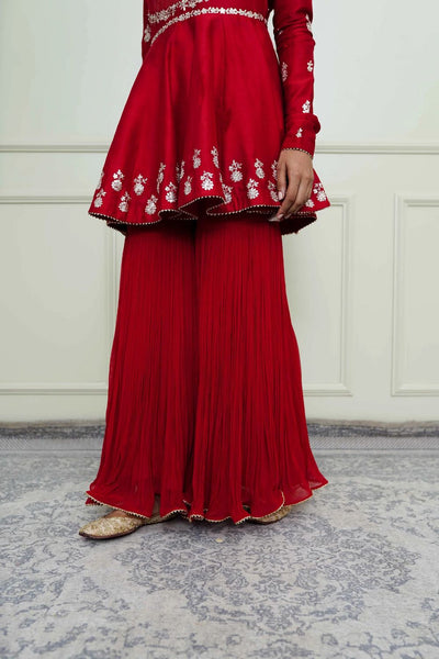 Shahana Peplum kurta with garara and dupatta-Scarlet red & pumpkin orange