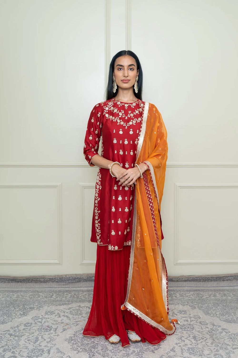 Shahira A-Line kurta with garara and dupatta-Scarlet Red & Pumpkin Orange