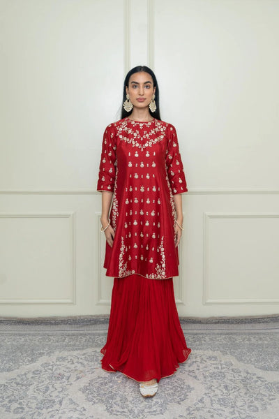 Shahira A-Line kurta with garara and dupatta-Scarlet Red & Pumpkin Orange