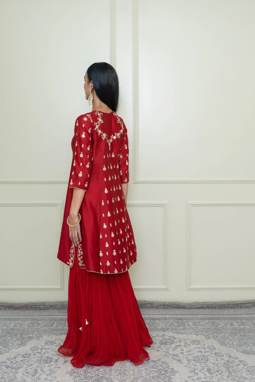 Shahira A-Line kurta with garara and dupatta-Scarlet Red & Pumpkin Orange