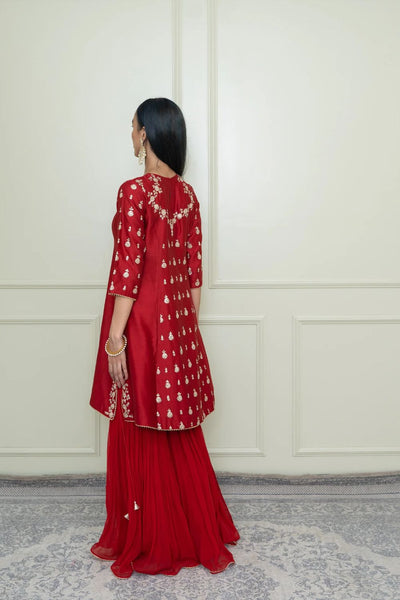 Shahira A-Line kurta with garara and dupatta-Scarlet Red & Pumpkin Orange
