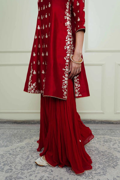 Shahira A-Line kurta with garara and dupatta-Scarlet Red & Pumpkin Orange