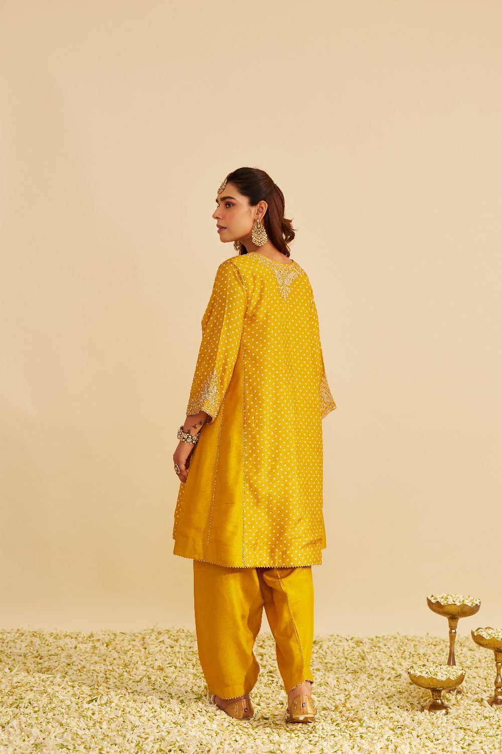 Kayra - Short Gathered Chauga With Salwar-Mustard