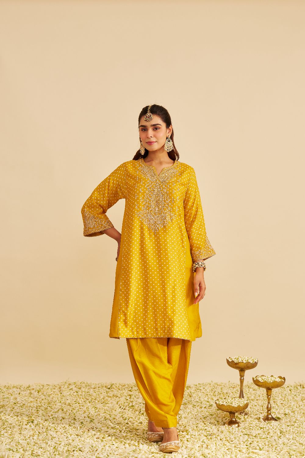 Kayra - Short Gathered Chauga With Salwar-Mustard