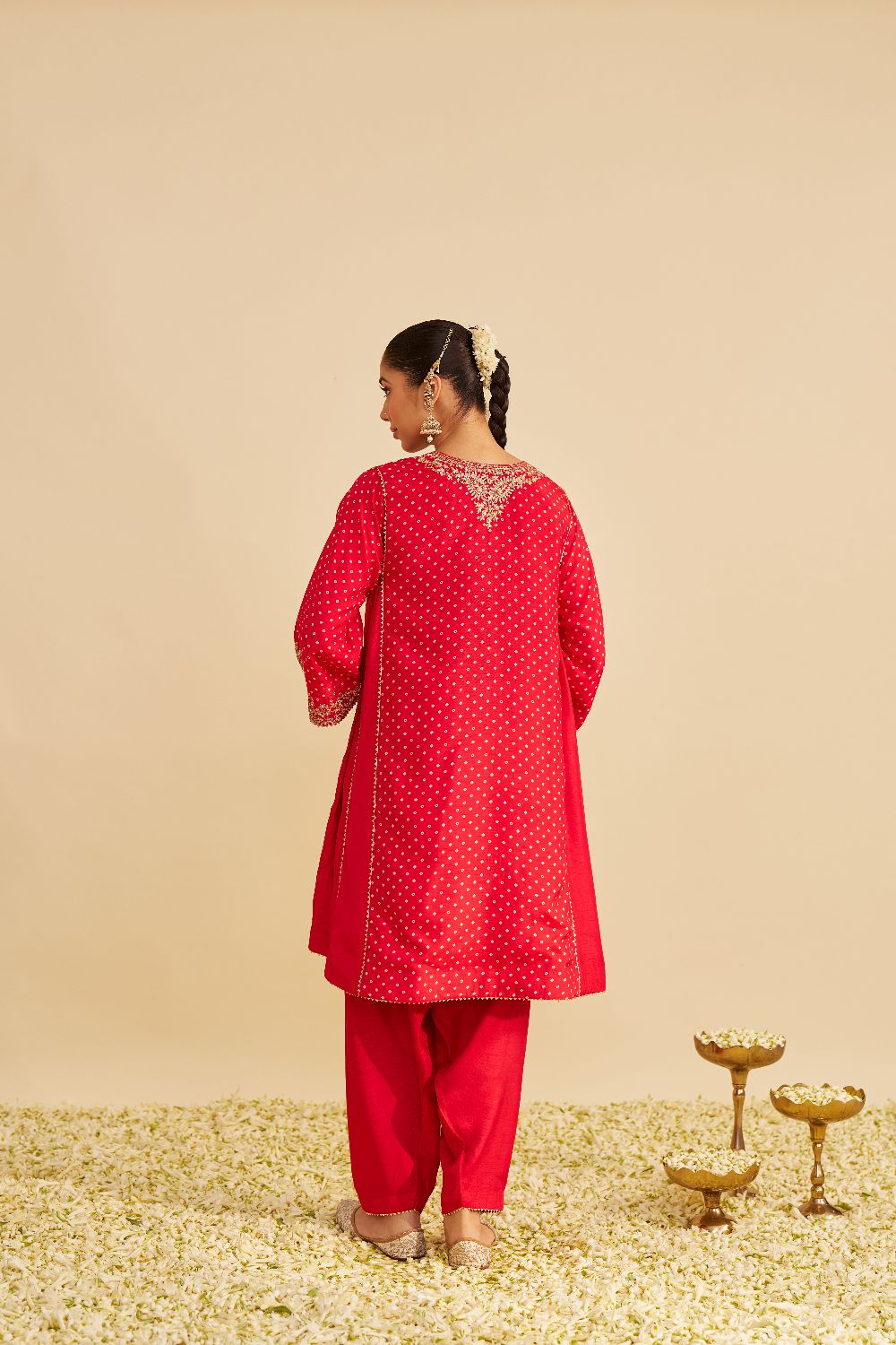 Kayra - Short Gathered Chauga With Salwar-Red