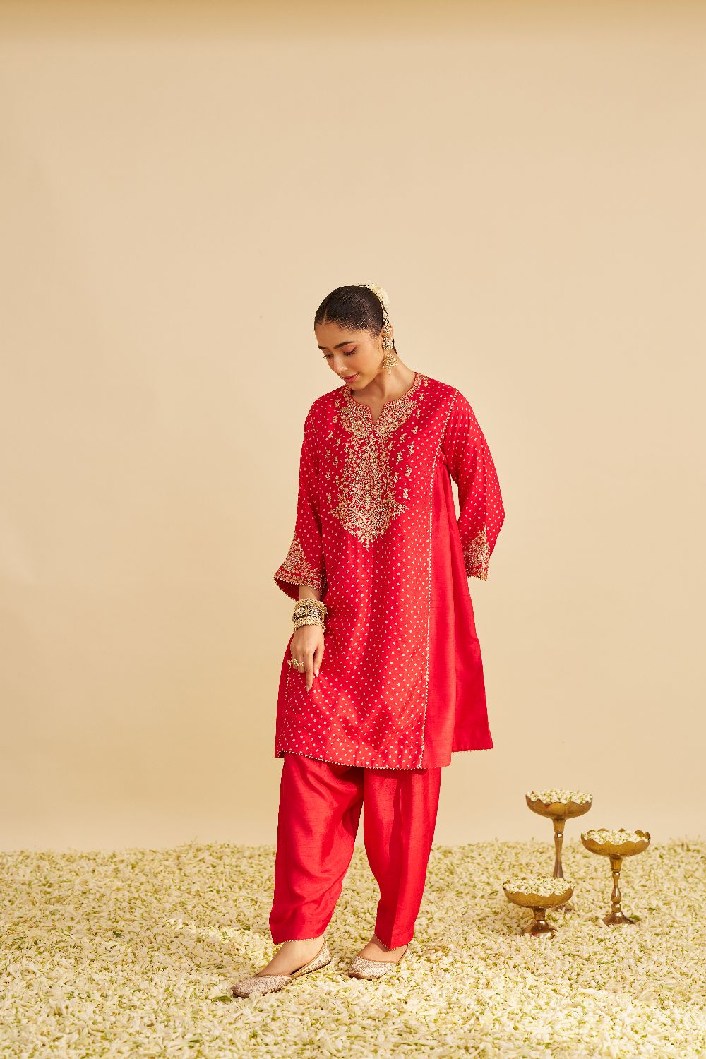 Kayra - Short Gathered Chauga With Salwar-Red