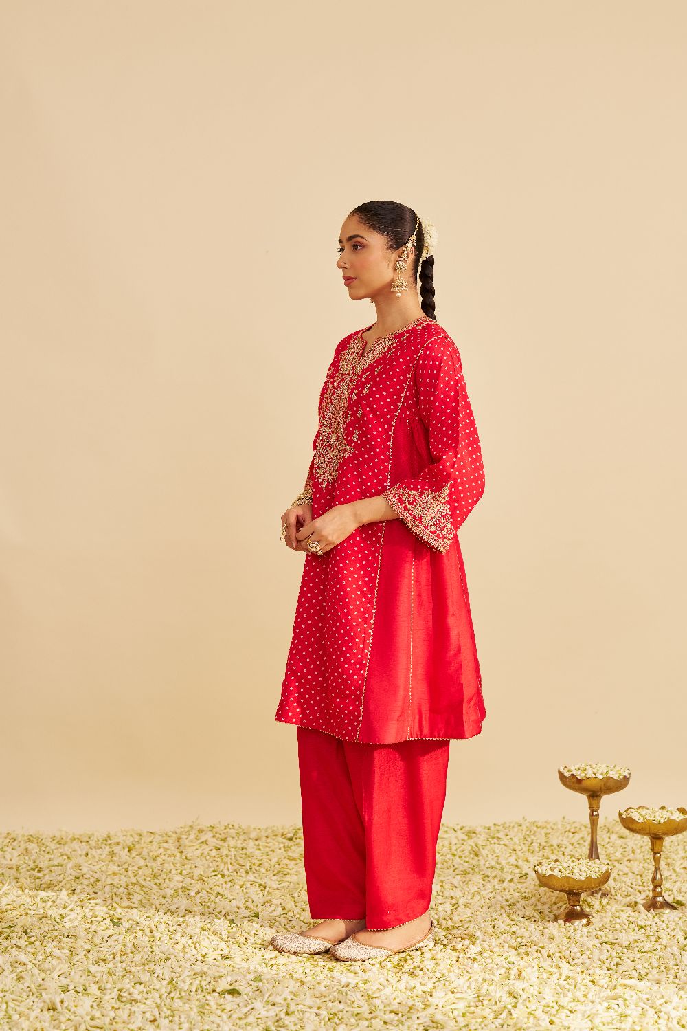 Kayra - Short Gathered Chauga With Salwar-Red