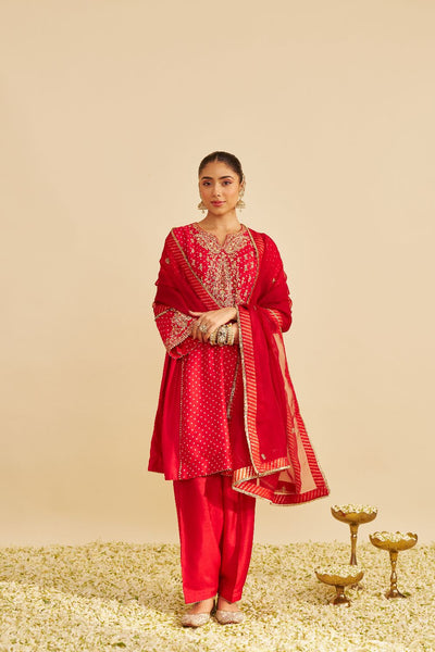 Kayra - Short Gathered Chauga With Salwar-Red