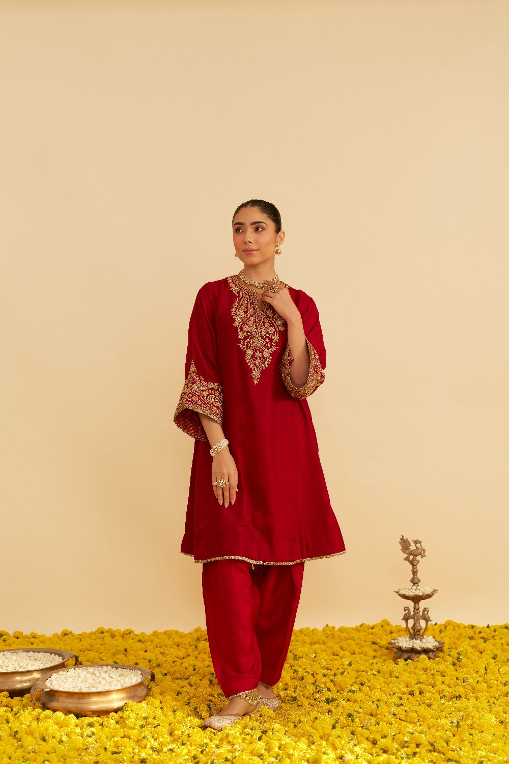 Marwa - Short Chauga With Salwar-Deep Red