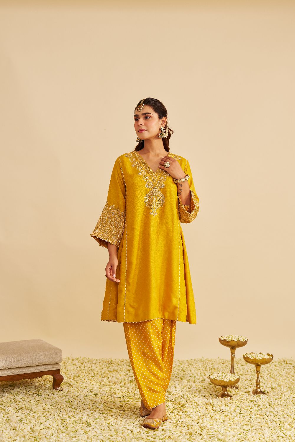 Niyah - Short Chauga With Salwar-Mustard