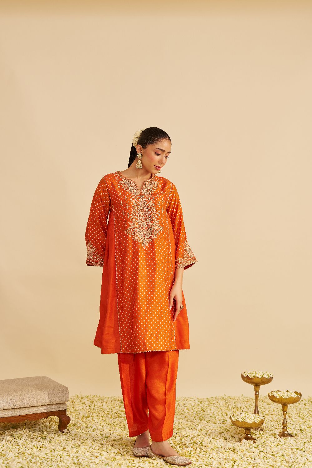 Kayra - Short Gathered Chauga With Salwar-Orange
