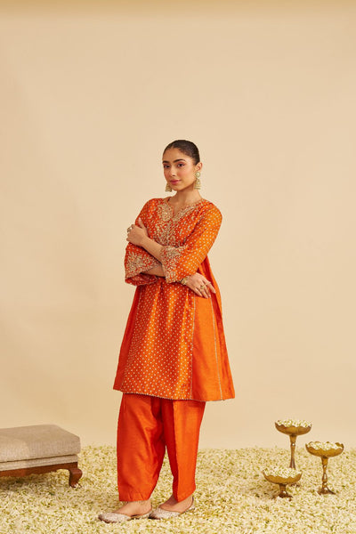 Kayra - Short Gathered Chauga With Salwar-Orange