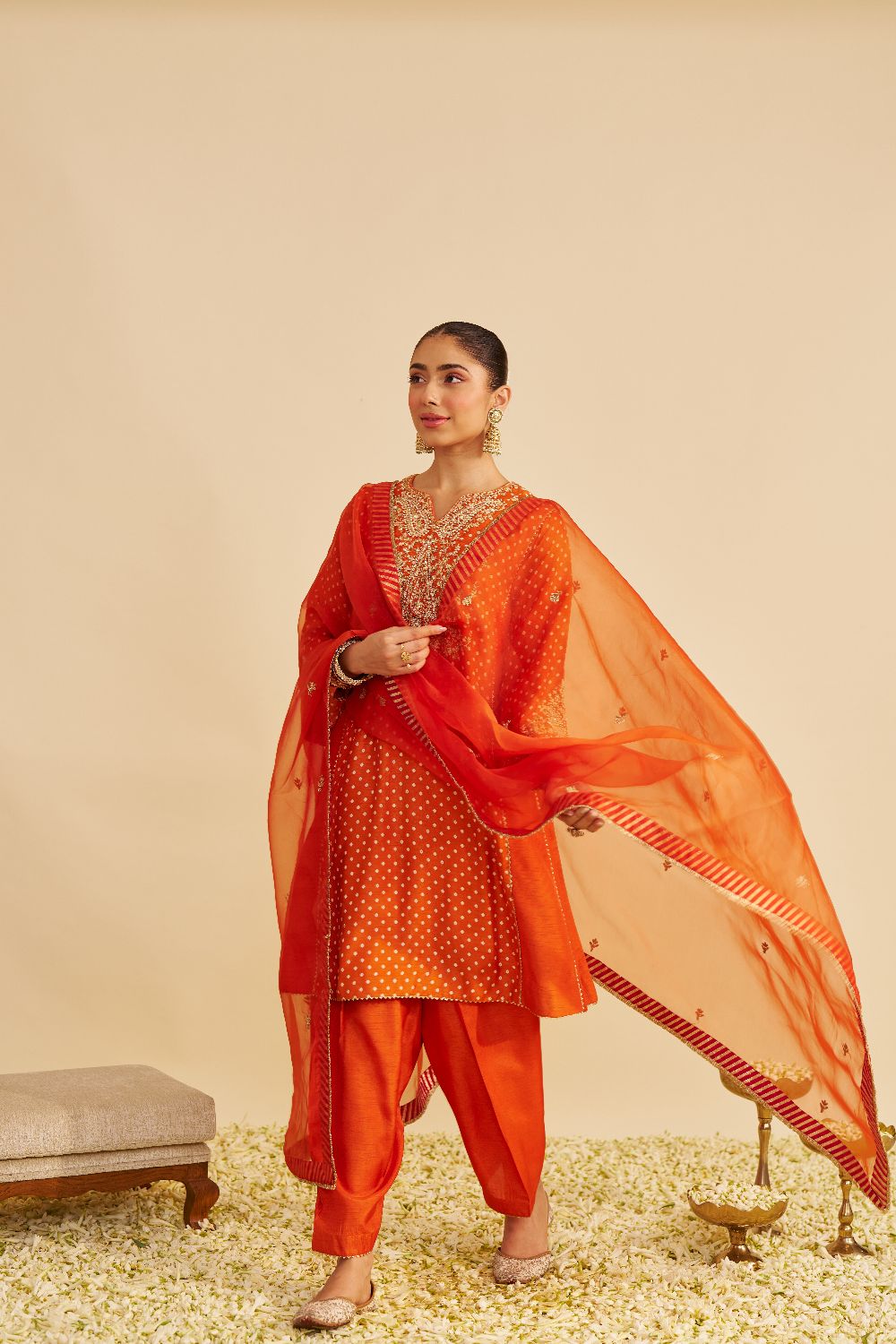 Kayra - Short Gathered Chauga With Salwar-Orange