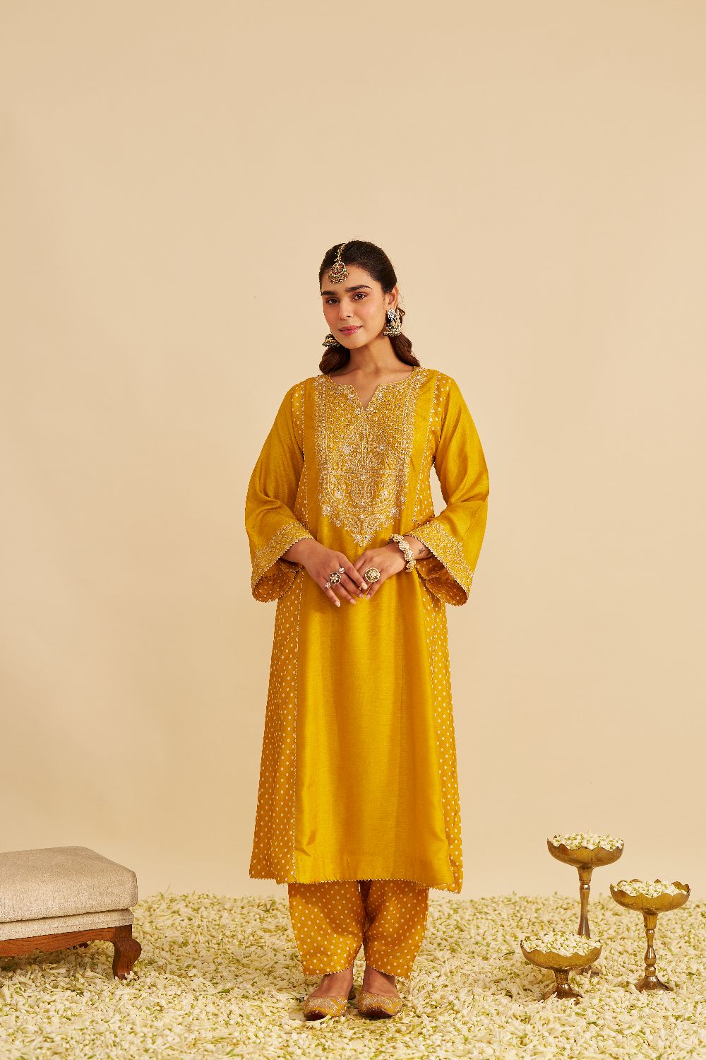 Esra - Long Chauga With Salwar-Mustard