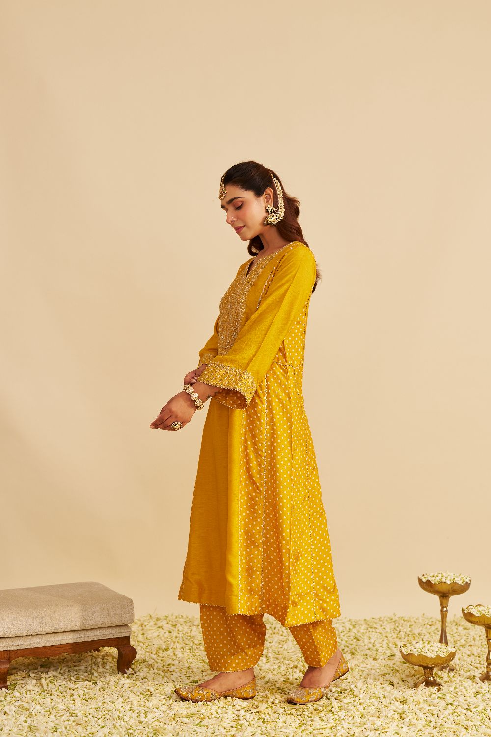 Esra - Long Chauga With Salwar-Mustard