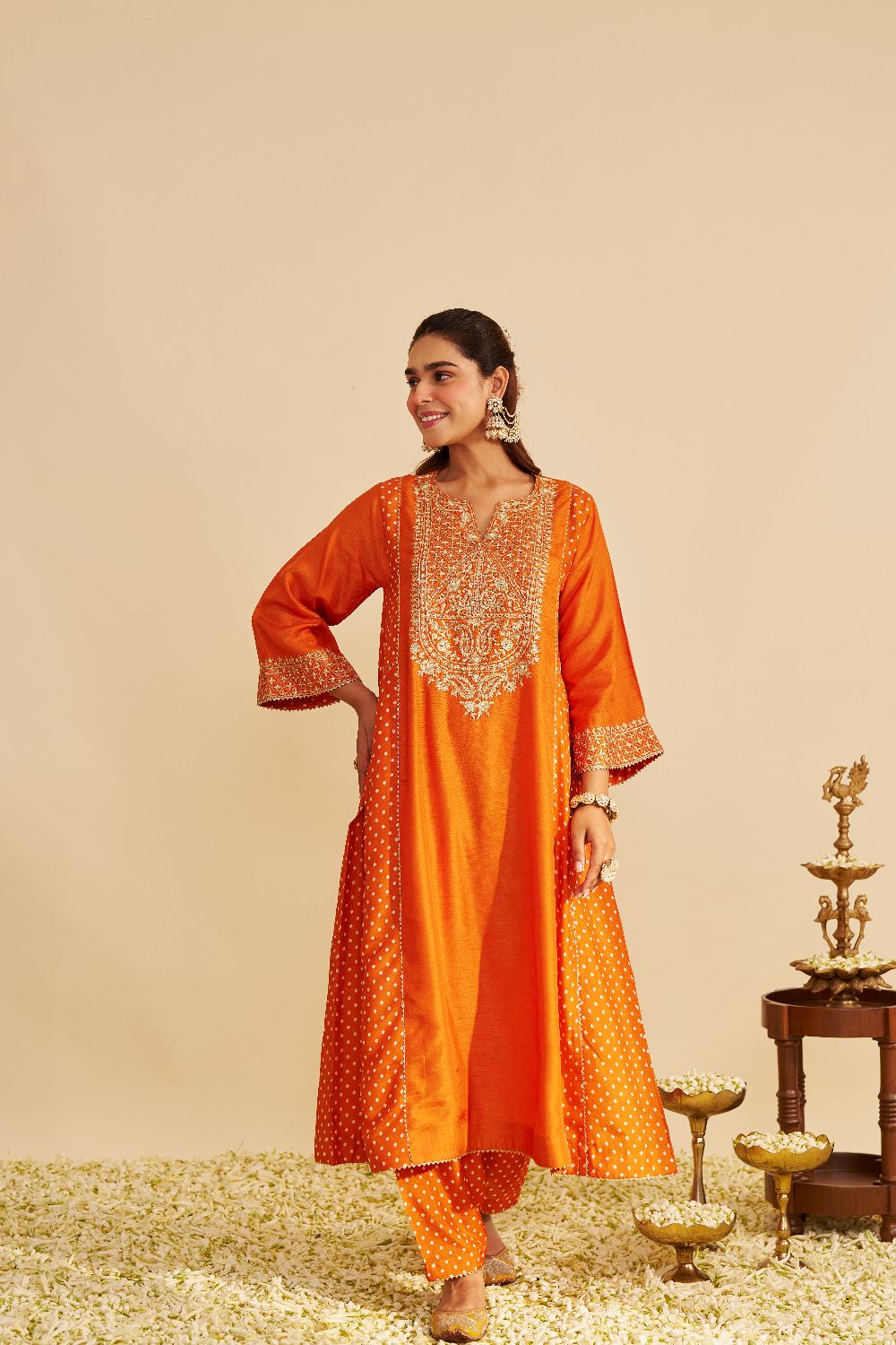 Esra - Long Chauga With Salwar-Orange