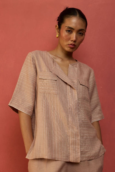 Shiro Stripe Linen Top - Dusty Rose