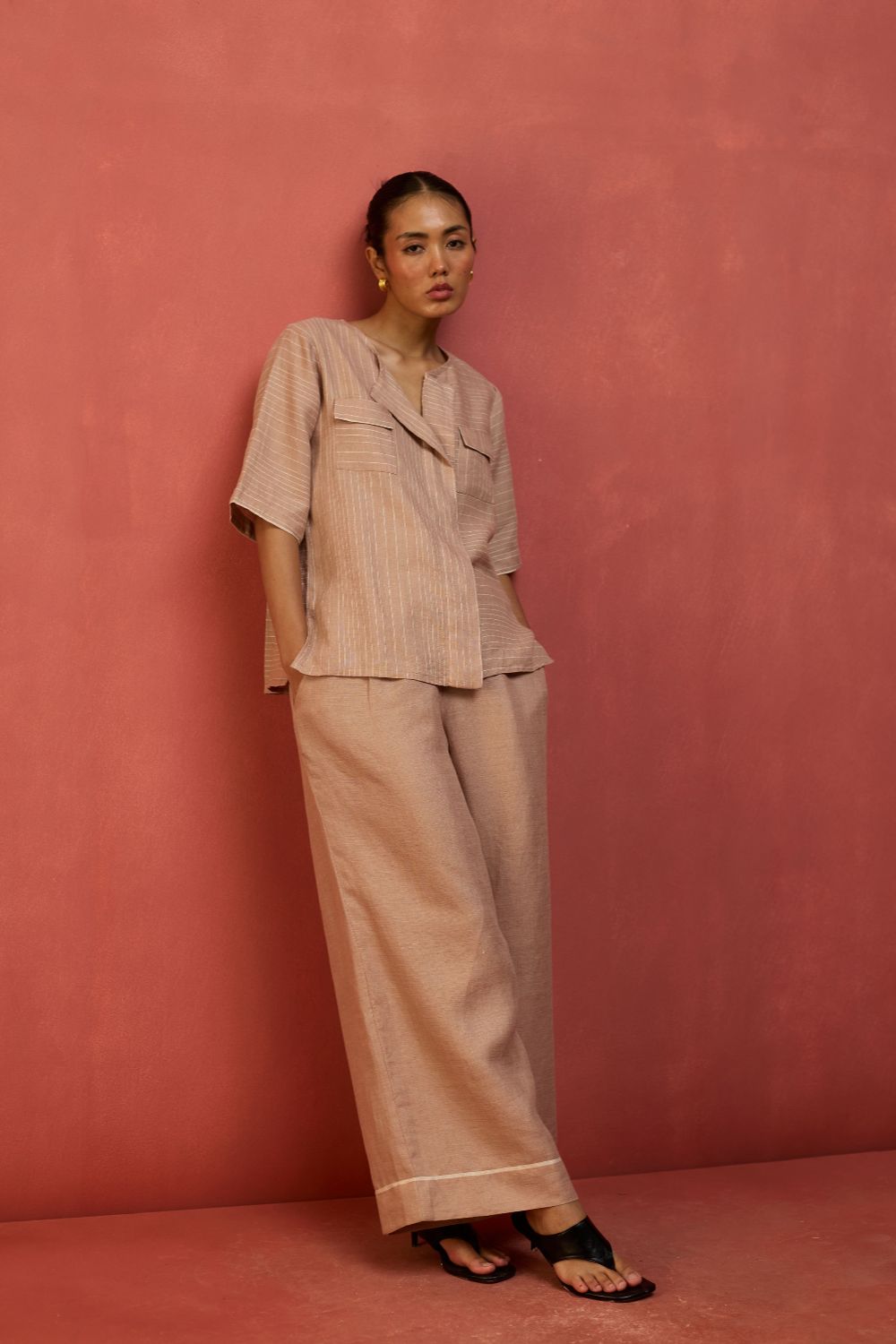 Shiro Stripe Linen Top - Dusty Rose