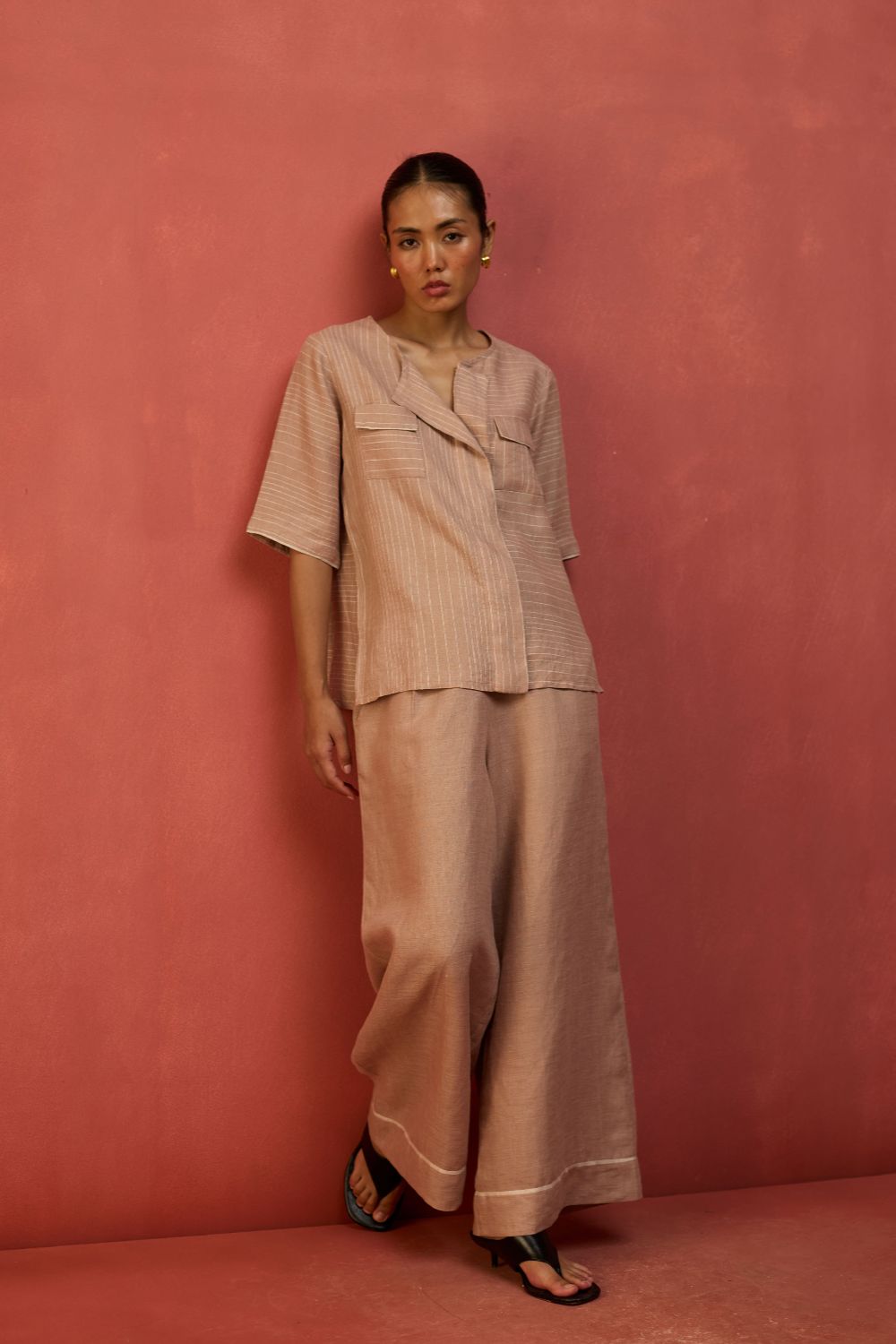 Shiro Stripe Linen Top - Dusty Rose