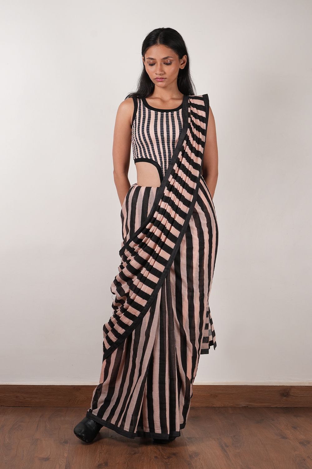 Pink with Charcoal Block Printed Saree