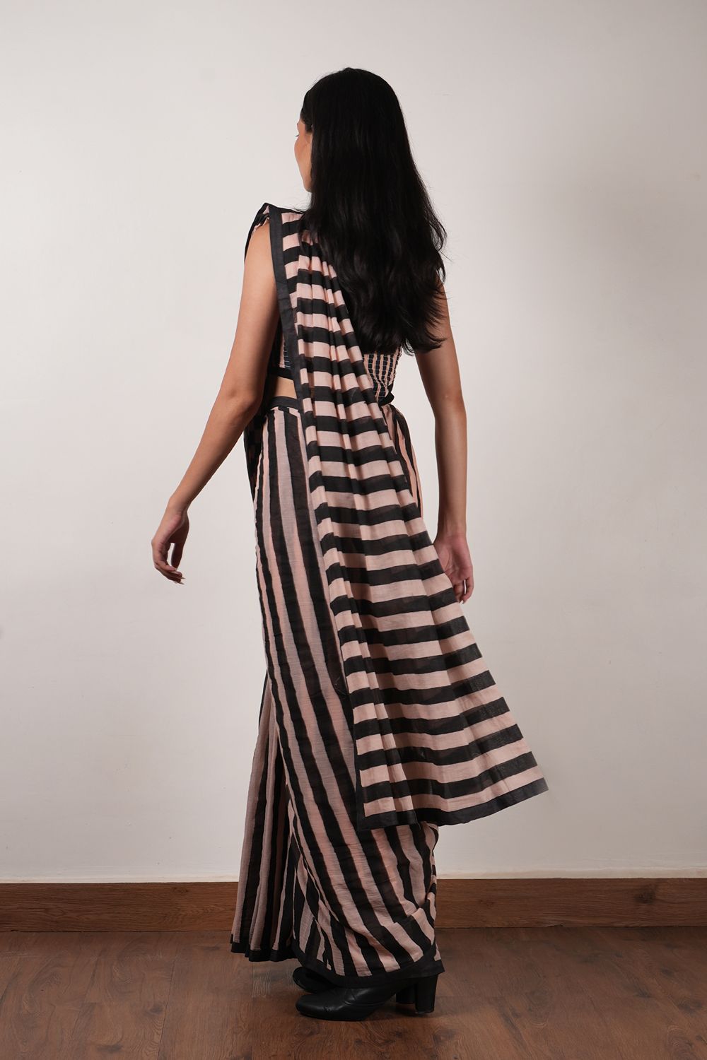 Pink with Charcoal Block Printed Smocked Bodysuit & Saree Set (2 PCS)