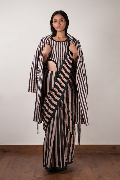 Pink with Charcoal Block Printed Smocked Bodysuit, Saree & Trench Jacket Set (3 PCS)