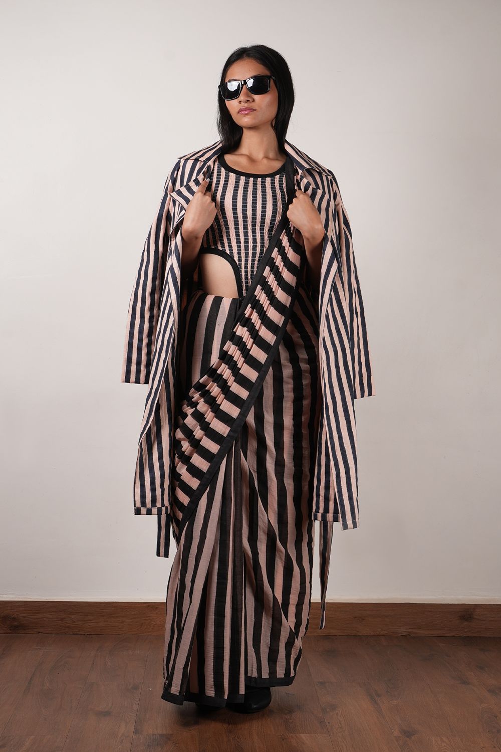 Pink with Charcoal Block Printed Smocked Bodysuit, Saree & Trench Jacket Set (3 PCS)