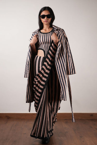 Pink with Charcoal Block Printed Smocked Bodysuit, Saree & Trench Jacket Set (3 PCS)