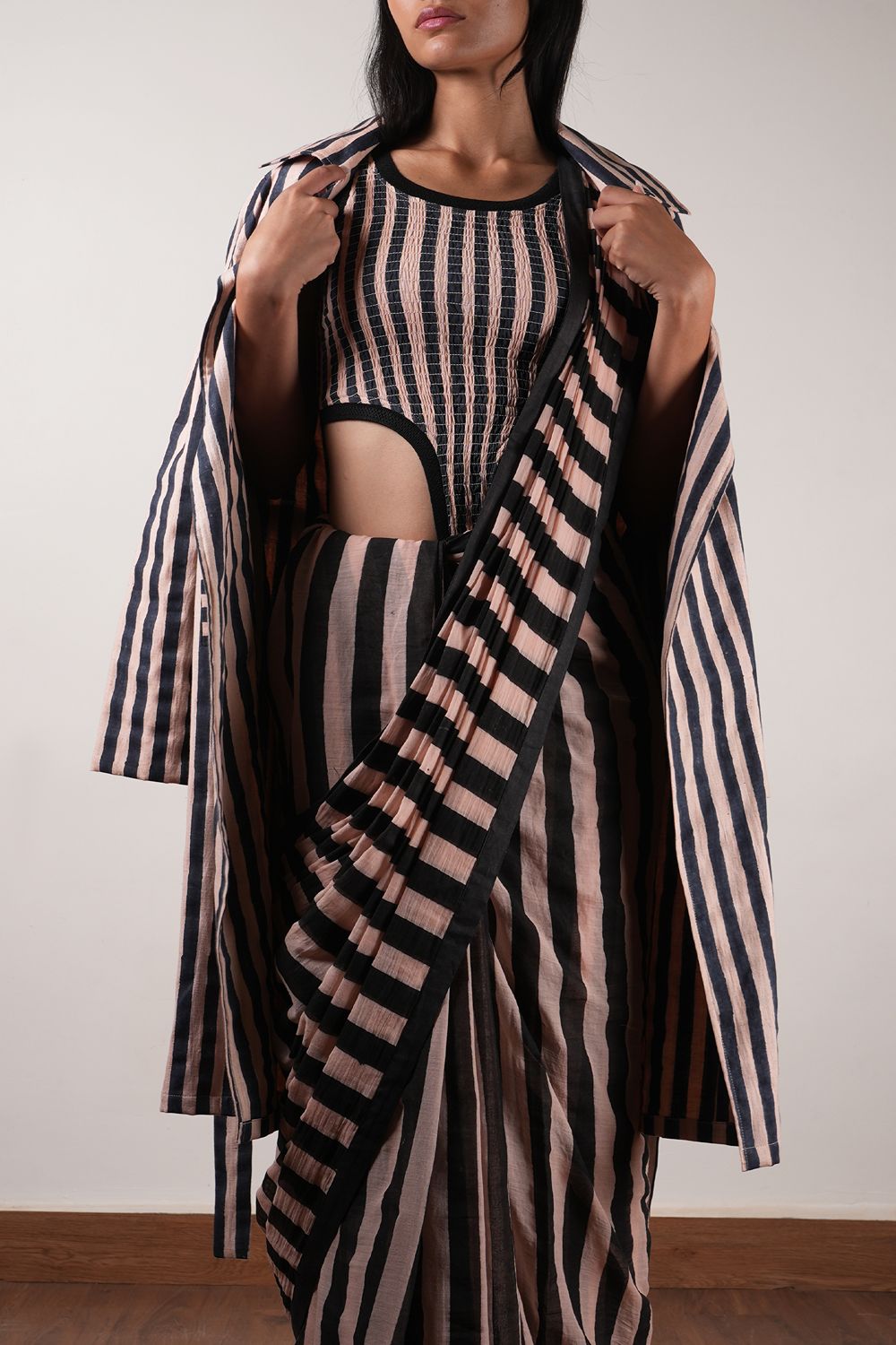 Pink with Charcoal Block Printed Smocked Bodysuit, Saree & Trench Jacket Set (3 PCS)