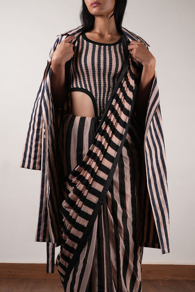 Pink with Charcoal Block Printed Smocked Bodysuit, Saree & Trench Jacket Set (3 PCS)