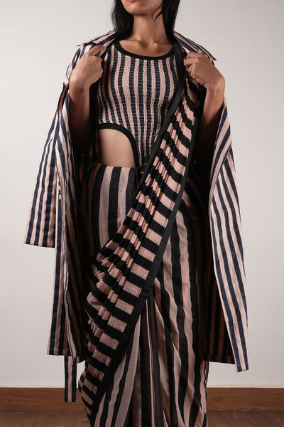 Pink with Charcoal Block Printed Smocked Bodysuit, Saree & Trench Jacket Set (3 PCS)