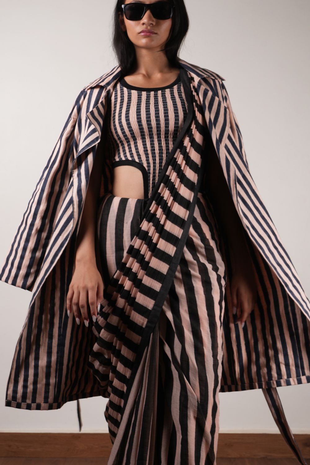 Pink with Charcoal Block Printed Smocked Bodysuit, Saree & Trench Jacket Set (3 PCS)