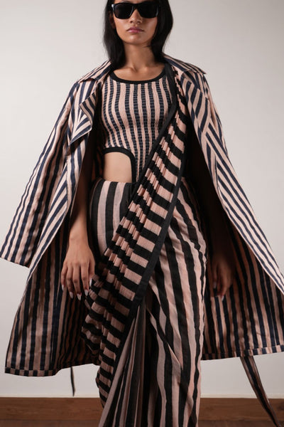 Pink with Charcoal Block Printed Smocked Bodysuit, Saree & Trench Jacket Set (3 PCS)