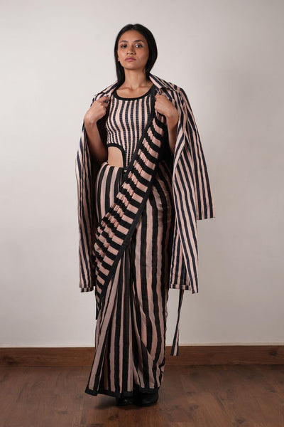 Pink with Charcoal Block Printed Smocked Bodysuit, Saree & Trench Jacket Set (3 PCS)