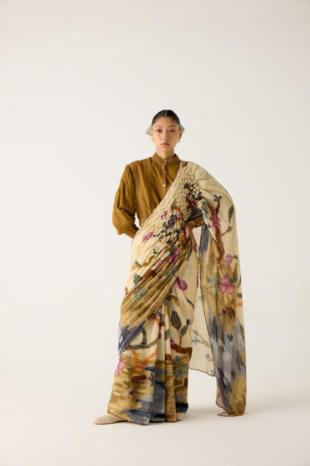 SMOCKED SAREE+TOP-SAFARI + KHAKI