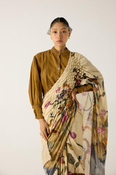 SMOCKED SAREE+TOP-SAFARI + KHAKI