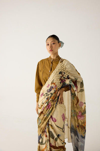SMOCKED SAREE+TOP-SAFARI + KHAKI
