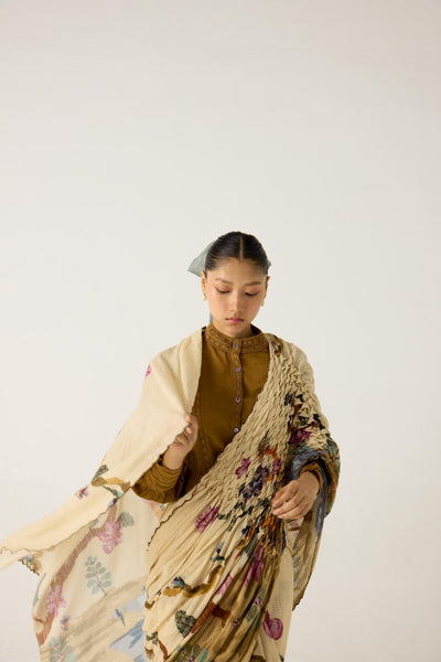 SMOCKED SAREE+TOP-SAFARI + KHAKI